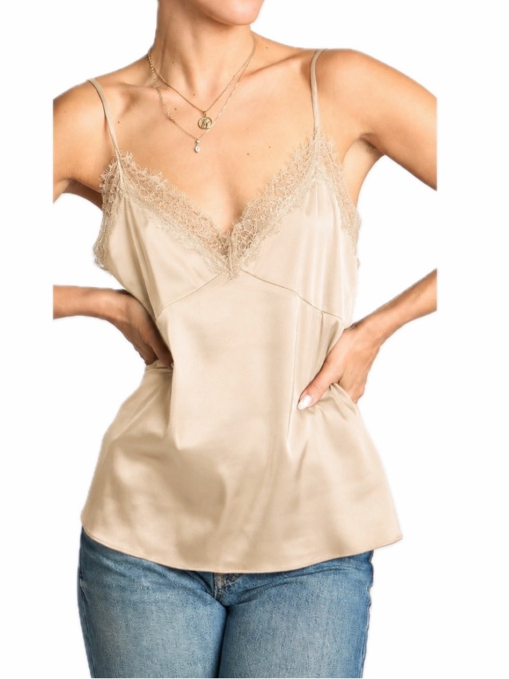 SANS SOUCI WOMEN XS BEIGE SATIN CAMISOLE TANK TOP LACE TRIM ADJUSTABLE STRAPS